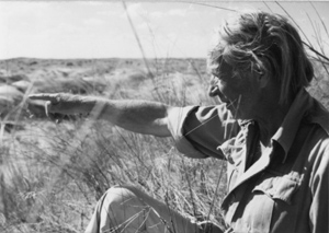 Laurens Van der Post in the Kalahari desert.